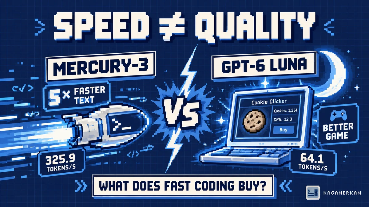 Pixel-art thumbnail comparing Mercury-3 and GPT-6 Luna: speed versus quality, with 325.9 and 64.1 tokens per second.