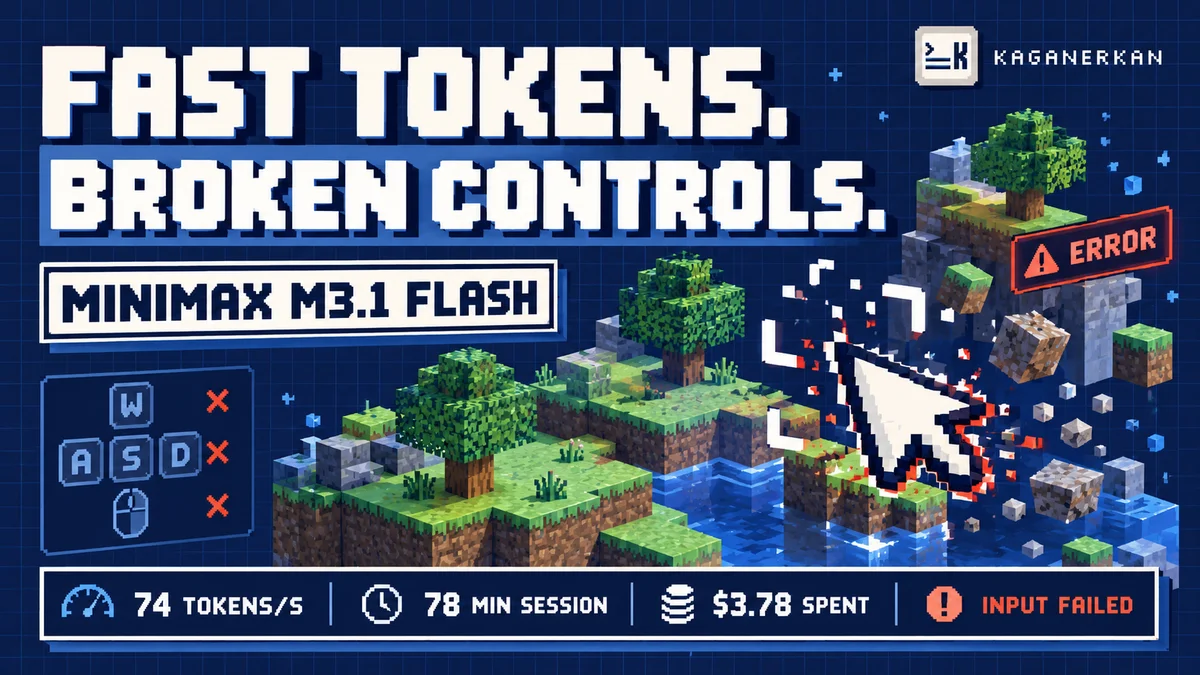 Pixel-art MiniMax M3.1 thumbnail showing Fast tokens. Broken controls. over a Minecraft-style world with an error cursor.